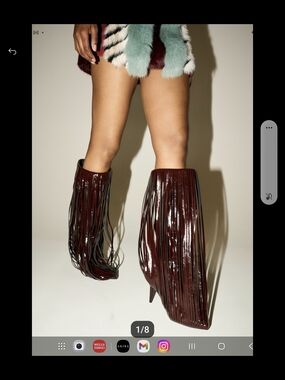 Patent Fringe Knee-High Heeled Boots in Burgundy